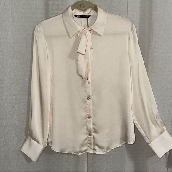 Zara Tops - ZARA L Ivory Preppy Outer Shell Long Sleeve Front Tie Beaded Button Blouse